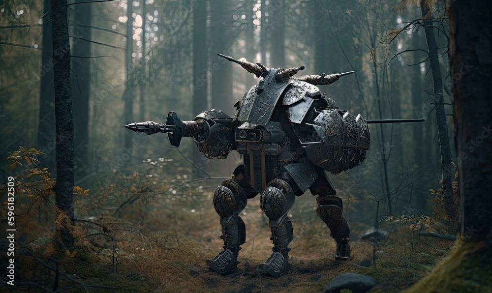 An extraterrestrial intelligent animal in armor walks through the forest Creating using generative AI tools