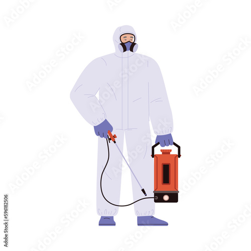 Standing man in protective suit with respirator holding equipment for disinfection