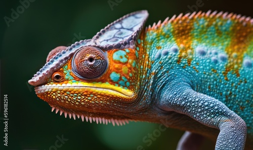 Close-up of chameleon reveals colorful, changing skin Creating using generative AI tools