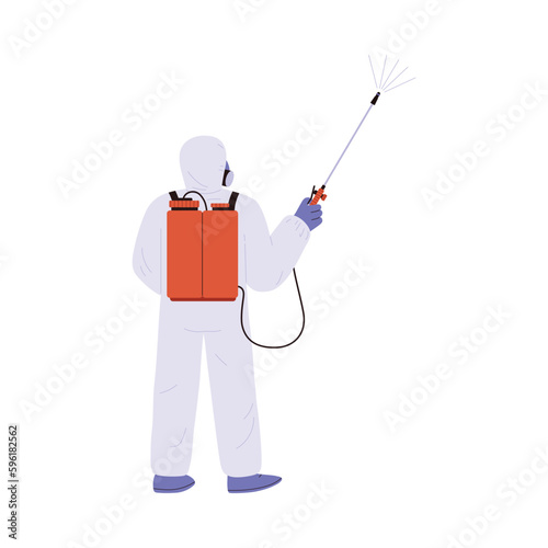 Person in hazmat suit spraying disinfection liquid, flat vector illustration isolated on white background.