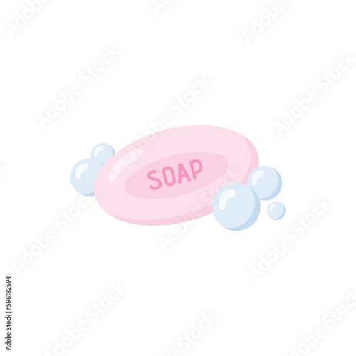 Piece of toilet soap in soap bubbles flat vector illustration isolated on white.