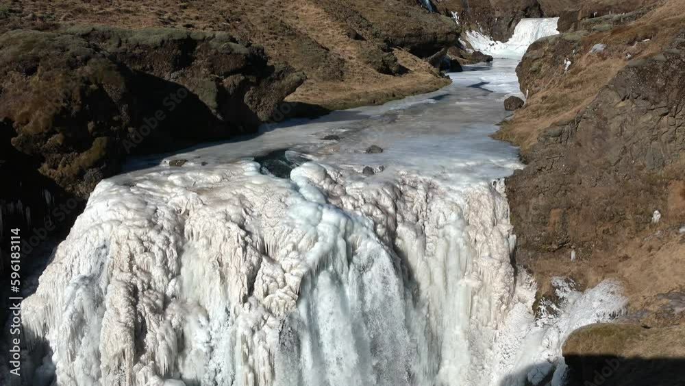 Arctic nature. Waterfall and ice. Winter in Iceland. Icelandic winter landscape. High waterfall and rocks. Snow and ice. A popular place to travel in Iceland. Arctic nature. Waterfall and ice. Winter in Iceland. Icelandic winter landscape. High waterfall and rocks. Snow and ice. A popular place to travel in Iceland.