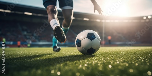 Football or soccer player playing with the ball in stadium. Generative AI © CYBERUSS