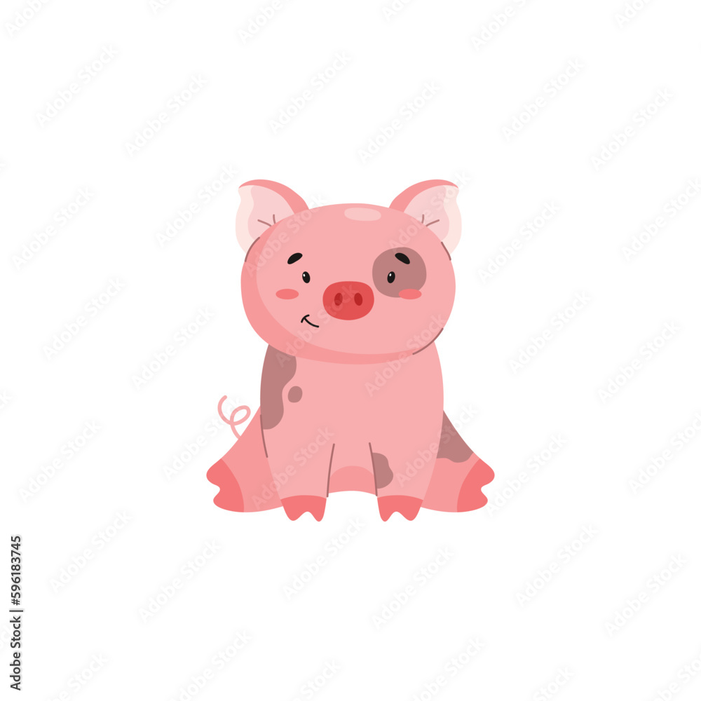 Funny and dirty pig sitting, cartoon flat vector illustration isolated on white background.