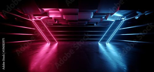 Fototapeta Naklejka Na Ścianę i Meble -  Neon Sci Fi Futuristic Underground Cyber Electric Purple Blue Vibrant Glowing Laser Lights Metal Stage Metal Cube Tubes Cage Glossy Showroom Product Advertise 3D Rendering