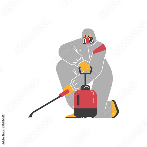 Person in protective suit and mask exterminating insects, flat vector illustration isolated on white background.