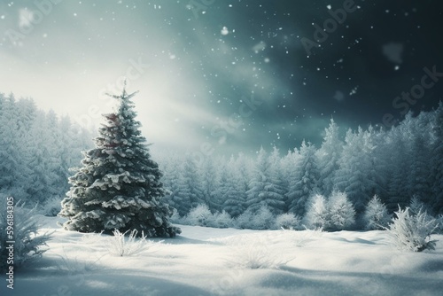 Festive abstract Christmas tree background with a winter landscape, perfect for banners or headers. Digital art. Generative AI