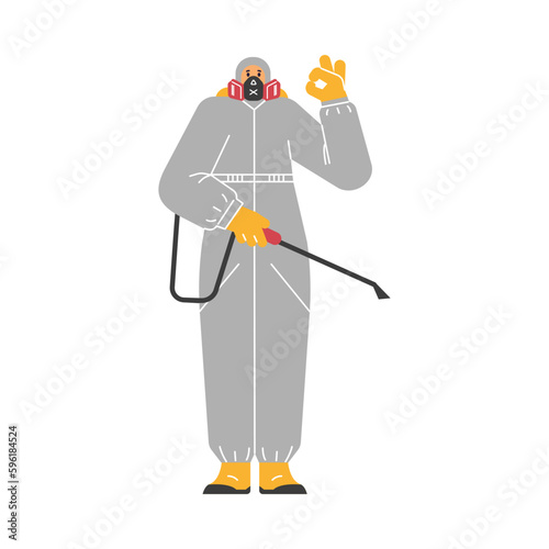 Pest control service worker in protective suit and mask, flat vector illustration isolated on white background.