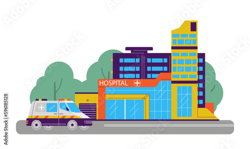 Hospital or clinic building with ambulance car flat vector illustration isolated.