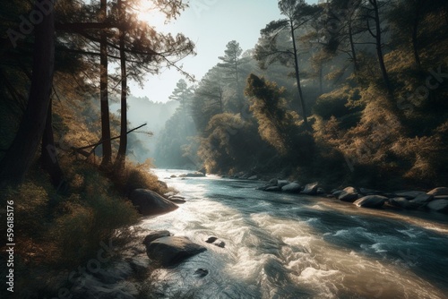 A tranquil morning scene with pine trees and a flowing river. Generative AI