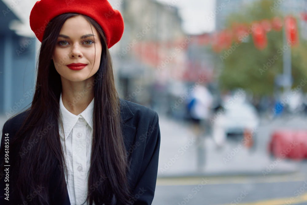 Woman smile walks walks in the city against the backdrop of office buildings, stylish fashionable vintage clothes and make-up, autumn walk, travel. Woman smile walks walks in the city against the backdrop of office buildings, stylish fashionable vintage clothes and make-up, autumn walk, travel.