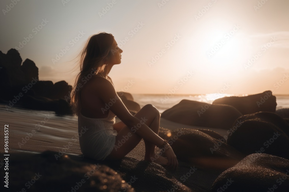 Woman Reflecting by the Seashore at Sunset