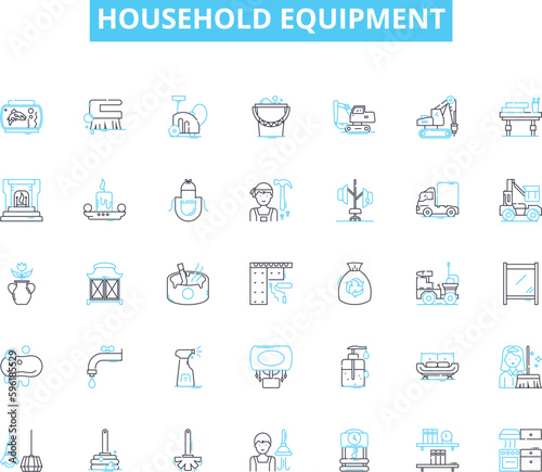 Household equipment linear icons set. Blender, Dishwasher, Refrigerator, Microwave, Toaster, Oven, Vacuum line vector and concept signs. Washer,Dryer,Iron outline illustrations