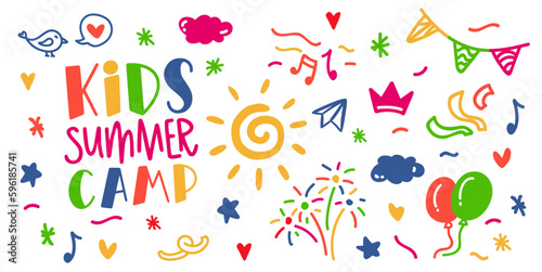 Kids summer camp. Colorfull illustration. Summer camp template poster, flyer, banner. Kids fun vector illustration. Hand drawn lettering typography text. Summer camp letters logo for print design.