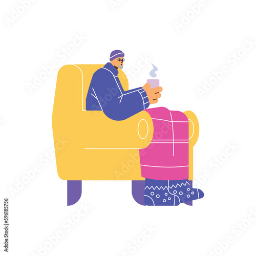 Man tries to warm himself with hot drink flat vector illustration isolated.