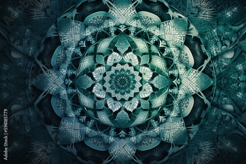 Victorian-style sacred geometry pattern featuring blue and dark green glaucous colors, white and watercolor gradients inspired by San Pedro cactus. Generative AI © Endellion