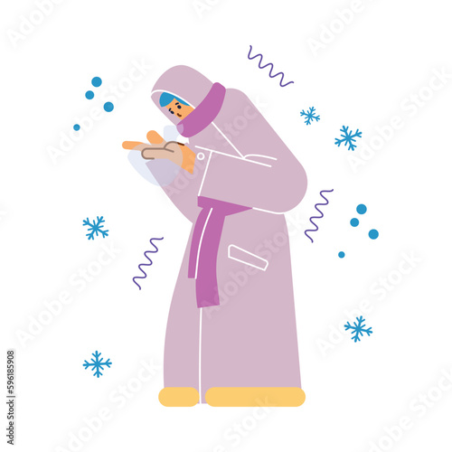 Person in long warm coat warms his hands, cartoon vector illustration isolated.