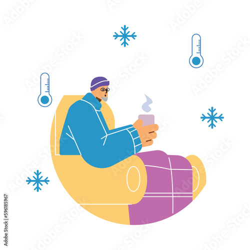 Man suffers from cold or chill in unheated room, vector illustration isolated.