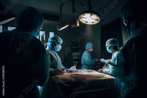 Expert Surgical Team Performing Medical Procedure in Operating Room. Generative AI