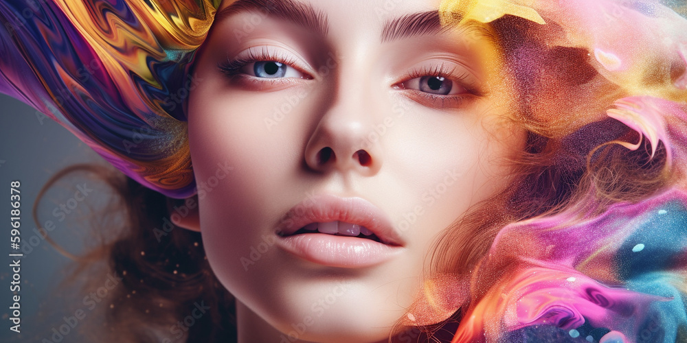 Obraz premium Hübsche blonde Frau im verträumten Stil mit tollem Make-Up Nahaufnahme, ai generativ