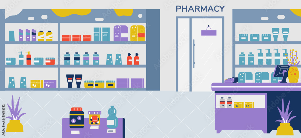 Empty pharmacy store, flat vector illustration. Empty pharmacy store, flat vector illustration.