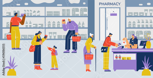 People buying drugs in pharmacy, flat vector illustration.