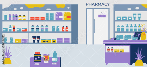 Empty pharmacy store, flat vector illustration.