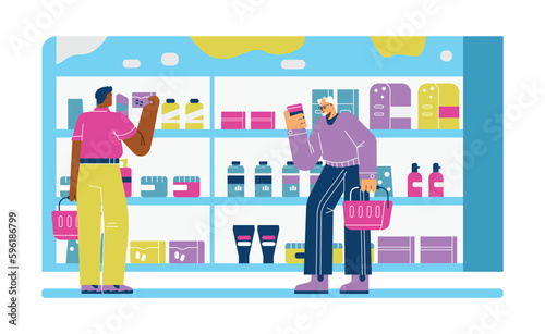 People buying pharmaceutical drugs in pharmacy shop, flat vector illustration isolated on white background.