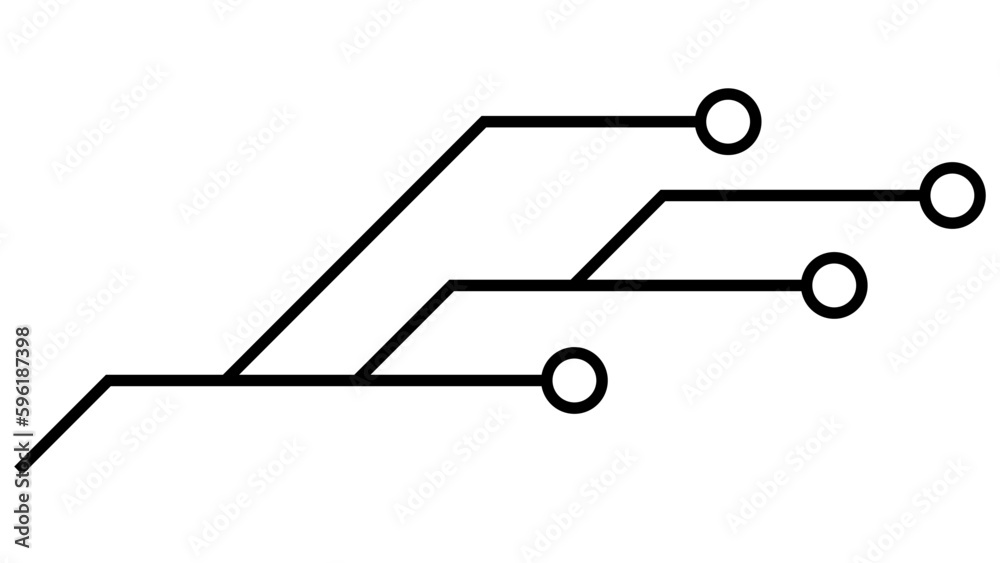 Printed circuit board PCB tracks isolated on white background. Technical clipart with lines and rings at the ends. Dividers for design. Design element.