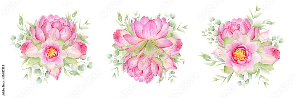 Pink lotus flowers. Watercolor illustration. Set of compositions with lotus. Chinese water lily. Design for the design of invitations, movie posters, fabrics and other items.