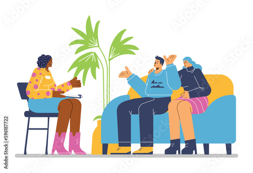 Couple or family relations psychotherapy session vector illustration isolated.