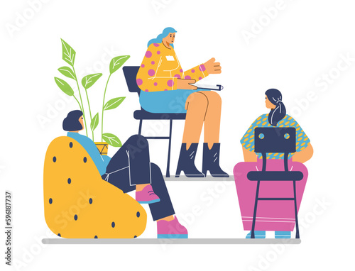 People counseling with psychotherapist at group session, flat vector illustration isolated on white background.