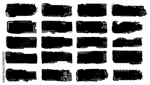 Set of silhouettes rectangular design elements in tech style isolated on white. Tech plates with copy space. Clipart.