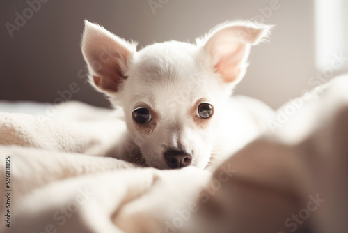 A cute little puppy lies on the bed wrapped in a soft blanket. A pet in city apartment. AI generated, illustration