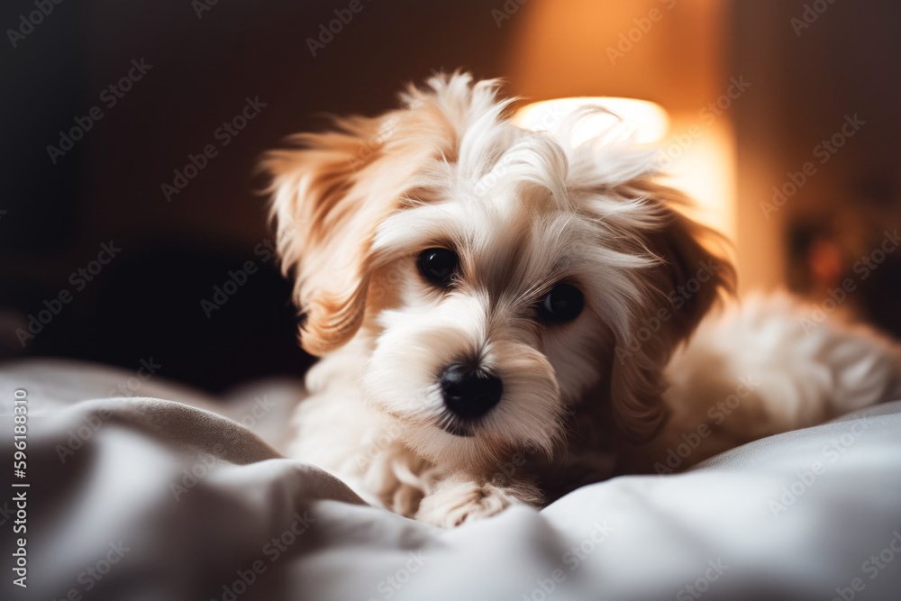 A cute little puppy lies on the bed wrapped in a soft blanket. A pet in city apartment. AI generated, illustration