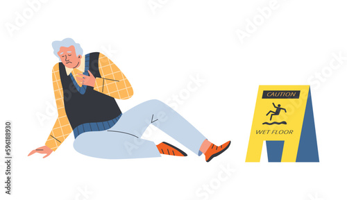 Old man falling down on wet floor, flat vector illustration isolated on white background.