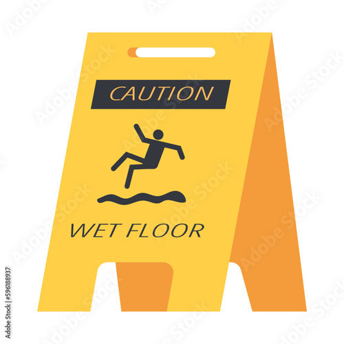 Wet floor caution yellow plastic sign flat vector illustration isolated on white.