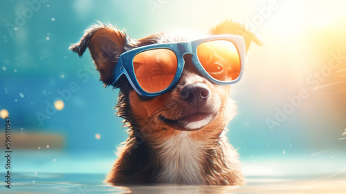 Funny cheerful dog in sunglasses on the background of blue water, outdoor pool, copy space. Beach vacation and travel concept