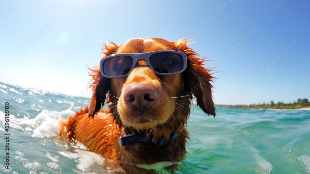 Funny cheerful dog in sunglasses on the background of blue water, outdoor pool, copy space. Beach vacation and travel concept Funny cheerful dog in sunglasses on the background of blue water, outdoor pool, copy space. Beach vacation and travel concept