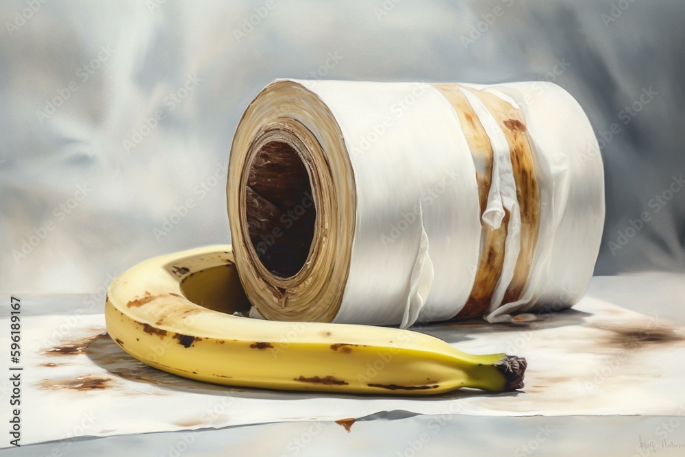Realistic watercolor painting of banana duct taped to white wall