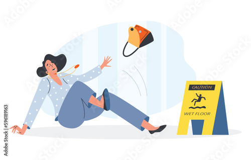 Dangerous risky accident on wet floor, flat vector illustration isolated.