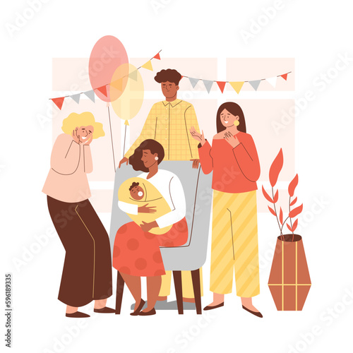 Happy people admire newborn flat style, vector illustration