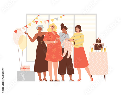 Baby shower with friends giving gifts to expectant mother, flat vector isolated.