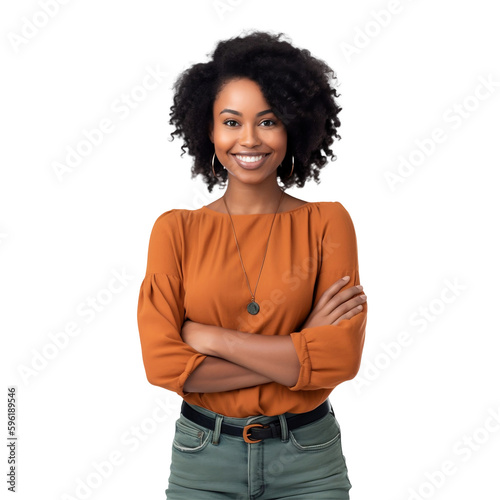 Leinwand Poster Portrait of young smiling african american woman looking at camera with crossed arms