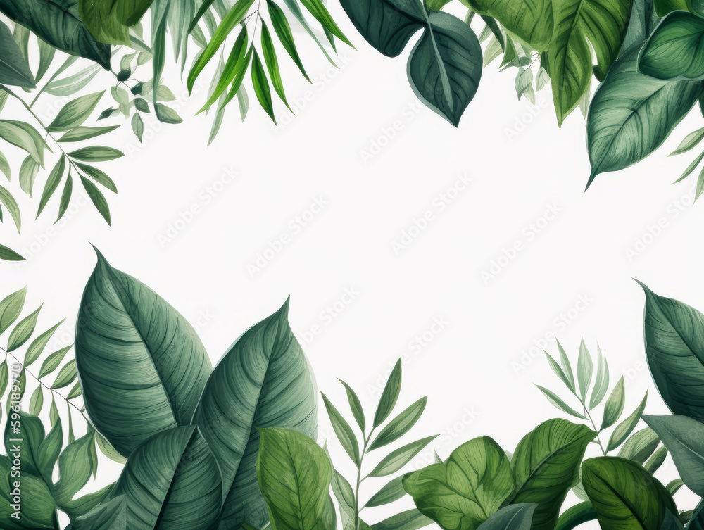 Naklejka premium Trendy Green Leaves Ferns and Elephant Ear Plants on White Background Using Generative AI