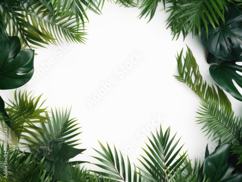 Trendy Green Leaves Ferns and Elephant Ear Plants on White Background Using Generative AI