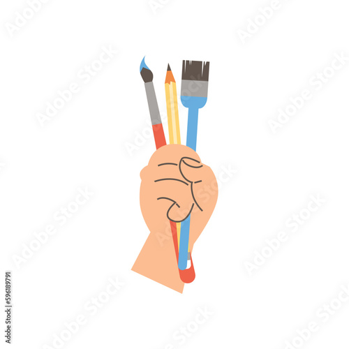 Hand holding various brushes and pencil flat style