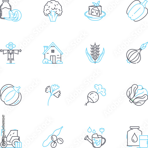 Livestock linear icons set. Cattle, Pigs, Sheep, Goats, Horses, Chickens, Turkeys line vector and concept signs. Ducks,Geese,Rabbits outline illustrations