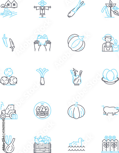 Green farming linear icons set. Sustainable, Organic, Eco-friendly, Biodynamic, Permaculture, Natural, Regenerative line vector and concept signs. Biodiversity,Soil,Composting outline illustrations