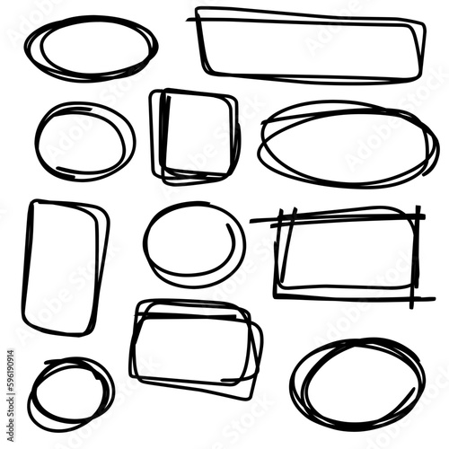 Doodle set of black hand drawn circle line sketch set. Vector circular scribble doodle round circles for message note mark design element. Pencil or pen highlighter elipses shapes